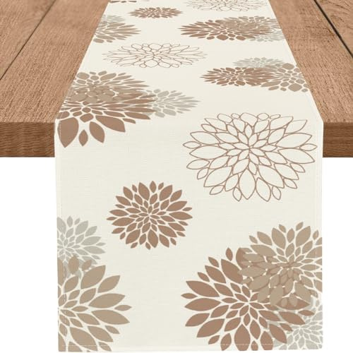 WHOMEAF Chemin de table dahlia marron café, moderne, élégant, fleur beige, motif géométrique pompon, décoration pour maison, cuisine, salle à manger, fête, intérieur et extérieur (33 x 183 cm)