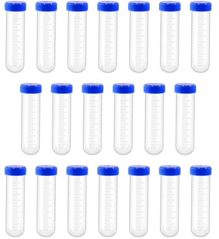 HUAZIZ 20 Pièces Plastiques Tubes à Centrifuger Blue 50ml Round Fond Tubes à Essai Plastique, Sample Lab Tubes avec Bouchon à Visser et Graduations