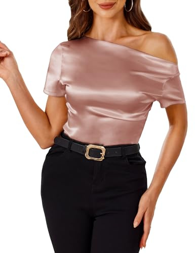 VIDUSSA Top in raso da donna UK - Camicetta elegante estiva a spalle scoperte a maniche corte con increspature asimmetriche casual, rosa, S