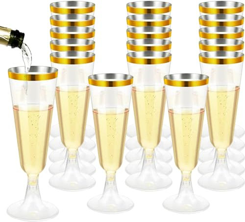 YZDZSW 25 Pcs Plastic Champagne Flutes, Disposable Prosecco Glasses, Plastic Flute Glasses for Mimosa Martini Margarita (Gold line)