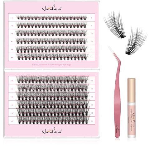 Natuhana Ciglia Finte Ciuffetti, 240 PCS Ciglia Extension Kit 8-15mm Misto Naturali 0.07mm, DIY Eyelash Extension Cluster con Pinzette e Colla(30P, Nero, 8-15mm)