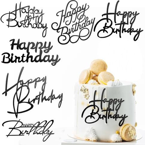 6 Pcs Black Happy Birthday Cake Topper Side Mirror Acrylic Cake Topper Happy Birthday Cakes Sign Decorations Cakes Inserts Decor Supplies Black Cupcake Toppers for Birthdays Party Decorations