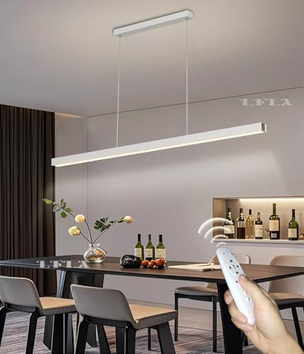LFLA LED Pendelleuchte Lineare Esstisch Hängeleuchte Moderne Kücheninsel Dimmbar mit Fernbedienung Pooltisch-Inselleuchte höhenverstellbar Holz Kronleuchter für Esszimmer Bürolampe (Weiß, 100cm，40W)