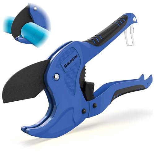 BLOSTM Coupe-tuyau en plastique – Coupe-tuyau à cliquet robuste avec capacité de coupe de 42 mm de diamètre extérieur pour tuyaux en plastique PVC PEX PPR (bleu)