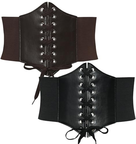 JSTHHTT 2-delat korsett midjebälte för kvinnor, bundet getingbälte, brett snörning korsett bälte, elastiskt midjebälte, bälten kostym stretch, för cosplay kattkvinna retro temafest, steampunk, Svart,