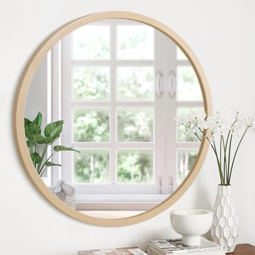 JJUUYOU 23 Zoll Wandspiegel, Runder Spiegel mit Holzrahmen, Retro-Spiegel zum Aufhängen an der Wand, Schlafzimmer, Badezimmer, Wohnzimmer, Gold
