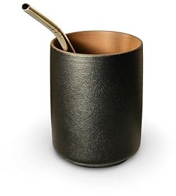 Taza Mate Cerámica Argentino Hecho de Cerámica Térmica Color Negro, Hecha a Mano. Mate con Bombilla de Acero Inoxidable, Calabaza para Yerba Mate Moderna