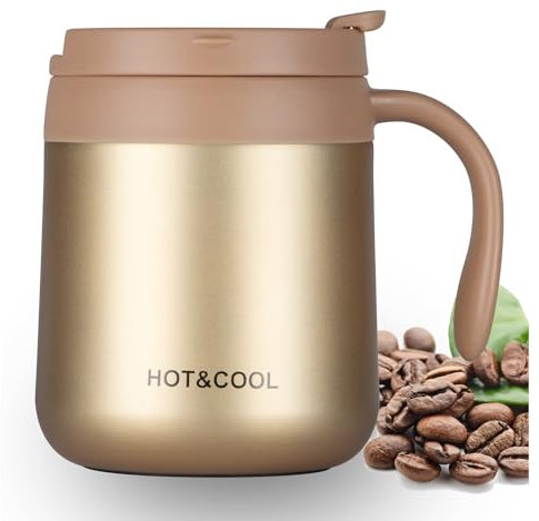 SCJHMY Tasse 350ml, Thermosbecher aus Edelstahl, Thermobecher mit Deckel und Henkel, Doppelwandiges Vakuum ReiseBecher, Camping Mug, Isolierte Kaffeetasse aus Edelstahl (Golden, 350ml)