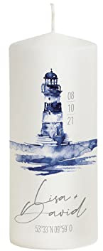 Liamoria® Hochzeitskerze Leuchtturm Watercolor mit Namen, Datum und Spruch - Modell David - Maritime Kerze zur Hochzeit (20 x 8 cm)