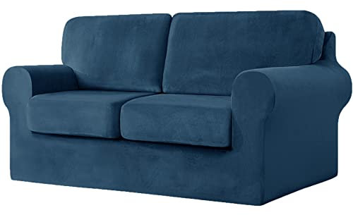 Stretch Velvet Loveseat Cover for 2 Seater Sofa Anti Slip Couch Slipcover with Separate Backrests Cushion Covers and Elastic Band Furniture Protector in Sapphire Blue