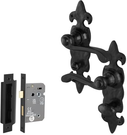EAI Black Door Handles with Bathroom Lock 64mm - Fleur De LYS | Complete Bathroom Kit with 1 Pair of Lever on Backplate Door Handles, 64mm Bathroom Lock, Fixings Included
