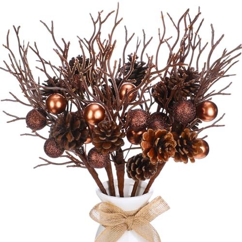 Giegxin 14.5 Inch Christmas Pinecone Branches 6 Pack Brown Artificial Christmas Decor Picks Bronze Xmas Ball Pick with Realistic Pinecones Rustic Holiday Stem for Xmas Tree Wreath Centerpieces Decor