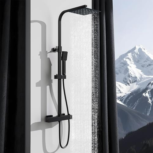 Sky Bathroom Thermostatic Shower Mixer Set | 8 Rainfall Shower & Handheld Head | Wall Mounted Bar Mixer Shower Matte Black | Stainless Steel Adjustable Sliding Riser Rail Kit