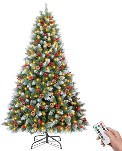 Rollingsurfer 180CM Árbol De Navidad Artificial Pre-Iluminado Pre-Decorado, 847 Puntas De Ramas, 300 Luces, 52 Piñas, 52 Bayas Rojas, Base Metálica para Hogar, Fiesta, Decoración Navideña