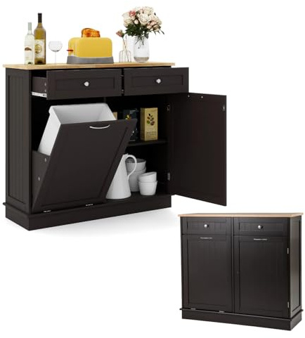 KOMFOTTEU Buffet de Cuisine, Armoire avec Support pour Poubelles 42 L, Meuble en Bois de Caoutchouc avec 2 Tiroirs et Étagère réglable, Meuble Commode pour Poubelle, 100 x 35 x 90,5 cm (Brun)