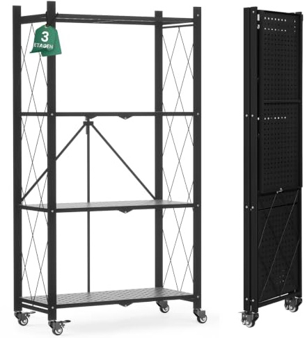 ALANNG Klappregal mit Rädern - Standregal mit 4 Ablagen, Bücherregal aus Metall - Montagefrei & Stabil - Für Küche, Wohnzimmer, Keller, Büro - Schwarz