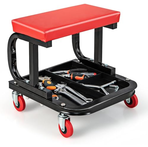Workshop Rolling Stool with Tool Tray – 150kg Heavy Duty Mechanic Seat with Soft Cushion & 4 Universal Casters – Ideal Garage Chair for Car Repairs and Detailing Work