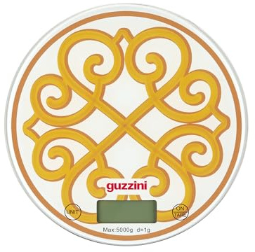 Guzzini - Harmonia Bilancia da Cucina Digitale in Vetro Temperato, Funzione Tara, Display LCD, 5 kg, 4 Unità di Misura, Giallo Oro - 13660049