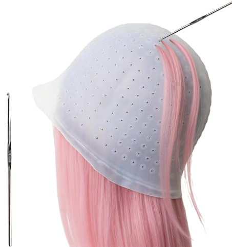 Silicone Highlighting Cap with Pre Drilled Holes, Reusable Professional Unisex Hair Streaking Cap with Hair Picking Hook for Hair Coloring Dyeing Staining, Salon and Home Use (White, 1 Pcs)