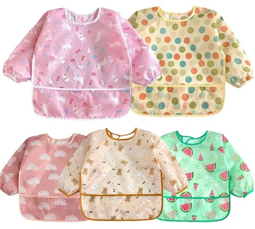 LAIVIYA 5 Pezzi Bavaglini con Maniche Impermeabile per Bambini, Bavaglini a Manica Lunga Bavaglini a Grembiule Pappa, Bavaglino Bambini Impermeabile per Dipingere, Giocare e Mangiare