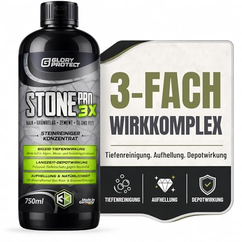 GLORYPROTECT STONE PRO Profi Steinreiniger Konzentrat mit 3X Tiefenwirkung, Aufhellung & Langzeitschutz | Chlorfrei gegen Algen, Moos & Grünbelag | Bis zu 600m² Reichweite