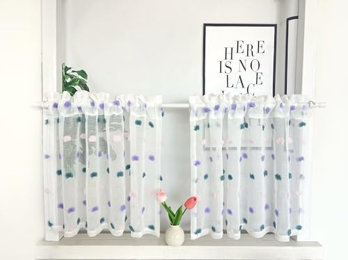Daliena Scheibengardine 2er Set Gardinen mit Pompons Violeet-2 BxH90x100cm | Bistrogardine Modern, Gardinen Lichtdurchlässig Blickdicht, Küche Kleine Fenstergardinen Weiß mit Stangendurchzug 2 Stück