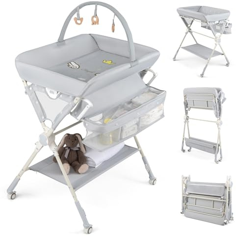 COSTWAY Wickeltisch Klappbar mit Spielbogen, Wickelkommode 3-stufig höhenverstellbar, Wickelkombi mit Wickelauflage, Aufbewahrungstasche & Rollen, Changing Table, Wickelstation tragbar für Baby