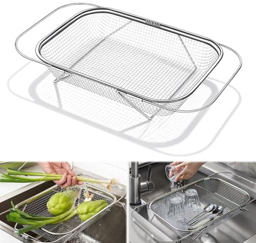 DBAILY Passoire pour évier, extensible, en acier inoxydable, 33-44 cm, panier pour évier, égoutter, rincer les fruits, les légumes