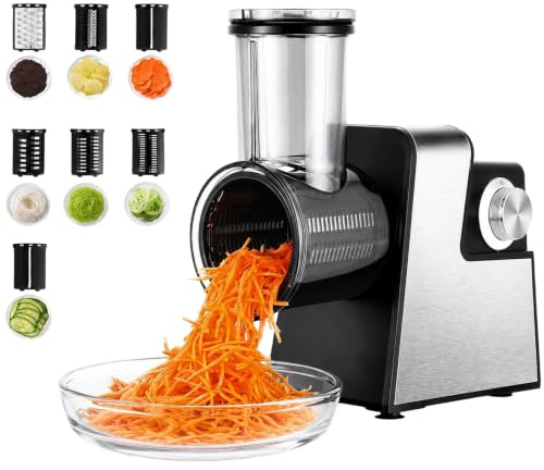 Rapeuse Legume Electrique 300W avec 7 Lames pour Fromage Légumes Fruits | Multifonctionnel Robot Coupe Legumes avec Port D'alimentation Visuel et Pièces Démontables pour Trancher, Râper et Hache