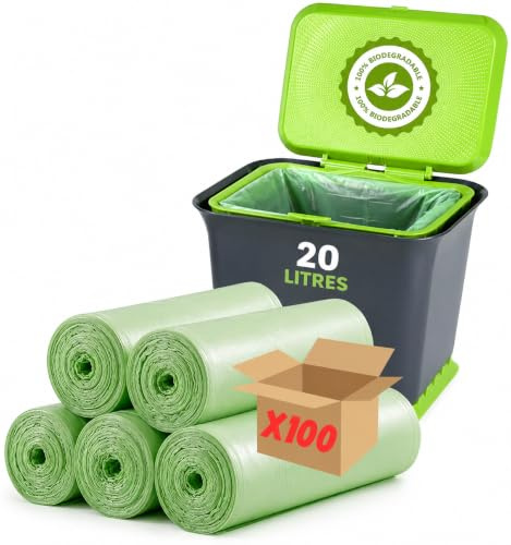 Bolsa de basura 20L Biodegradable Compostable | Lote de 100 bolsas OK Compost | Enlace deslizante | Residuos alimentarios (ruidos vegetales) | Base 100% vegetal almidón de maíz | Normas europeas (20L)