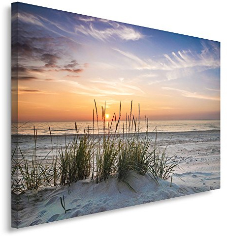Feeby Frames Leinwandbild 40x60 cm Wand Bild Wanddekoration Kunstdruck Deko Nordsee Ostsee Landschaft Strand Wasser Meer Sand Sonnenuntergang