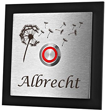 polar-effekt Personalisierte Türklingel aus Edelstahl V2a und Acryl - Klingelschild mit Gravur – Klingelknopf ROT - Klingelplatte Geschenk zum Einzug [mit Edelstahlklammer] Motiv: Pusteblume