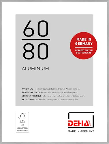 DEHA Design Aluminium Bilderrahmen Tribeca, 60 x 80 cm, Silber | Aluminium Posterrahmen im Hoch- & Querformat zum Aufhängen Silber gebürstet bruchsicheres Kunstglas