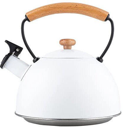 FLORINA Bollitore Acqua (2,3 l) I Bollitore da Fornello NATURA I Bollitore con Manico in Legno I Fischio Automatico I Bollitore per Fornelli a Induzione, Gas, Elettrici I Colore: Bianco