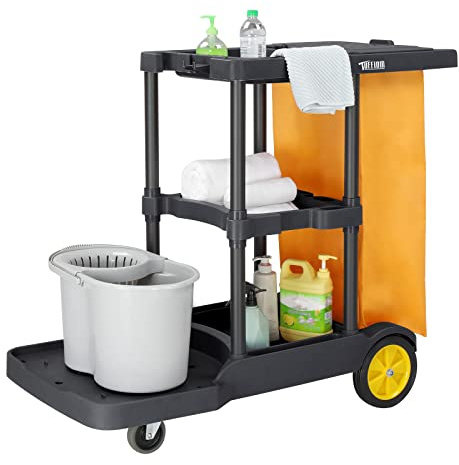 TUFFIOM Commercial Traditional Cleaning Janitorial 3-Shelf Cart, 500 Lbs Capacity Housekeeping Cart, 42.5 L x 18.7 W x 37.6 H, Wheeled with 22 Gallon Yellow VinylBag and Cover w Lid, Black