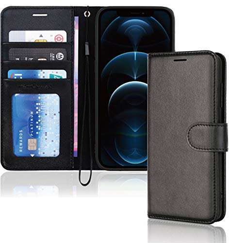 TECHGEAR iPhone 12 Pro Max plånboksfodral i läder, flipfodral med plånbokskorthållare, stativ och handledsrem – svart PU-läder med magnetisk stängning designad för iPhone 12 Pro Max