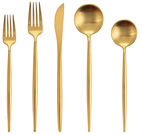 Matte Gold Silverware Set, Oliviola 20-Piece Stainless Steel Flatware Cutlery Set Service for 4, Satin Finish Kitchen Utensil Set, Dishwasher Safe