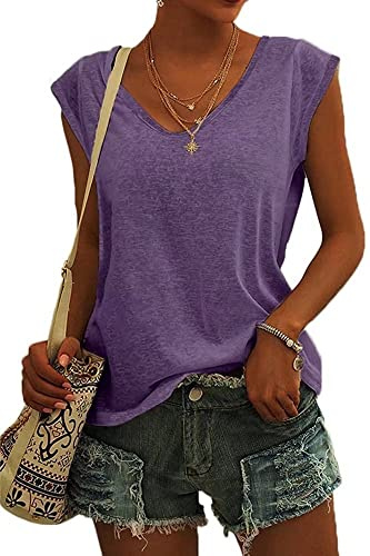 ASKSA Damen V-Ausschnitt Flügelärmeln T-Shirt Sommer Einfarbig Tank Top Oberteile Casual Lose Shirts Basic Hemd Tee Tops (Violett,L)