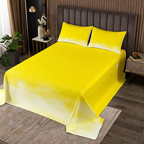 Glänzender Stern Druck Tagesdeck 240x260cm Wohndecke Mond Sterne Himmel Bettüberwurf Farbverlauf Gelb Weiß Steppdecke für Jungen Kinder Schlafzimmer Deko Romantischer Stil mit 2 Kissenbezügen