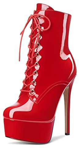 Aachcol Women Ankle Boots Short Bootie Platform Stiletto High Heel Round Toe Dress Shoes Lace-up Patent Red 6.5 Inch 12 US