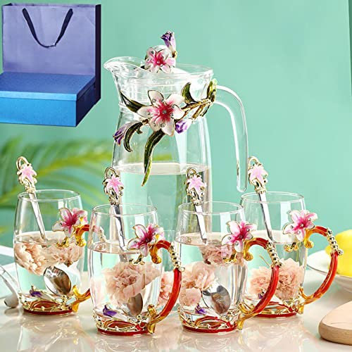 Juego de tazas de té 4, esmalte con tetera juego de té 3D elegante taza de té con tapa de,S