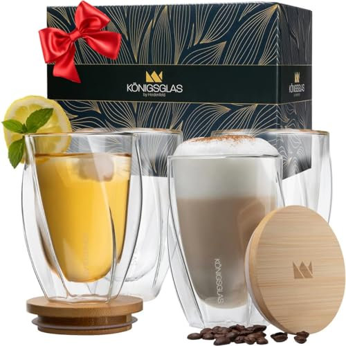heidenfeld Original Königsglas Swing doppelwandige Gläser Set (4x 350 ml) - Latte Macchiato Gläser - Design Premium Glas - Cocktailgläser - Kaffe & Cappuccino Tassen - Teegläser Set - Thermogläser
