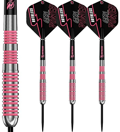 RUTHLESS RX D6111-PERS Girl Power Dart-Set, 90 % Wolframstahlspitze, Ringelrosa, personalisiert, 29 g