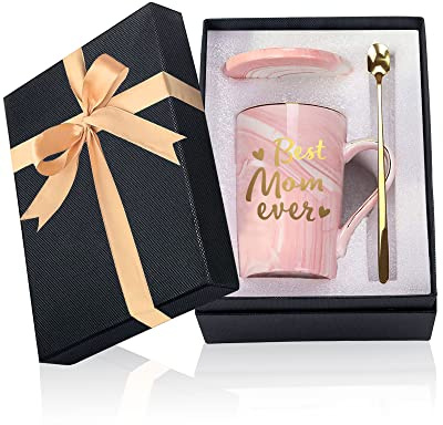 BeBeiZi Best Mom Ever Kaffeebecher, Muttertagsgeschenke für Mama von Tochter Sohn, 14OZ (400 ml) Keramik Marmorbecher Teetasche mit Deckel Goldenem Löffel und Geschenkbox