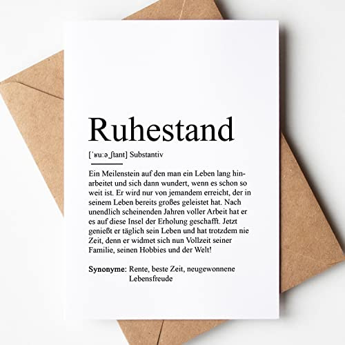 KAMEWI® Grußkarte RUHESTAND Definition | Klappkarte mit Briefumschlag aus Kraftpapier | Rente Geschenk Rentner Arbeitskollegen Abschied Kollegin Herzensmensch