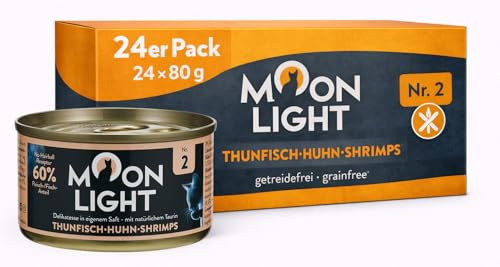 Moonlight Premium våtfoder för katter | kornfritt recept | delikatess i egen juice | mycket köttinnehåll | (nr 2 tonfisk, kyckling och räkor – 24 x 80 g)