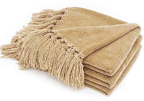 RECYCO Throw Blanket Soft Cozy Chenille Throw Blanket with Fringe Tassel for Couch Sofa Chair Bed Living Room Gift (Beige, 50 x 60)