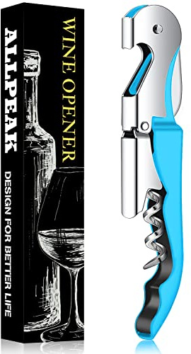Allpeak Bottle Opener Wine Opener Corkscrew - 1 Pc Multi-Purpose Stainless Steel Double Hinged Wine Key with Foil Cutter and Cap Remover, Waiters Friend, Beer Bottle, Cork Screw - Blue