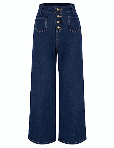 Belle Poque - Vaqueros de pierna ancha para mujer, cintura alta, elásticos, vintage, con bolsillos, azul oscuro, S