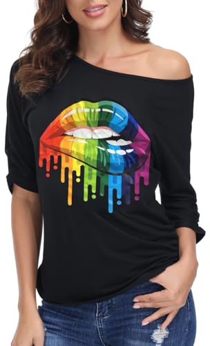 ELFIN Damen T-Shirt 80er Jahre Party-Shirts Sexy Lippen Drucken One-Shoulder-Shirt Kurzarm Sommer Oberteil Casual Bluse Tops